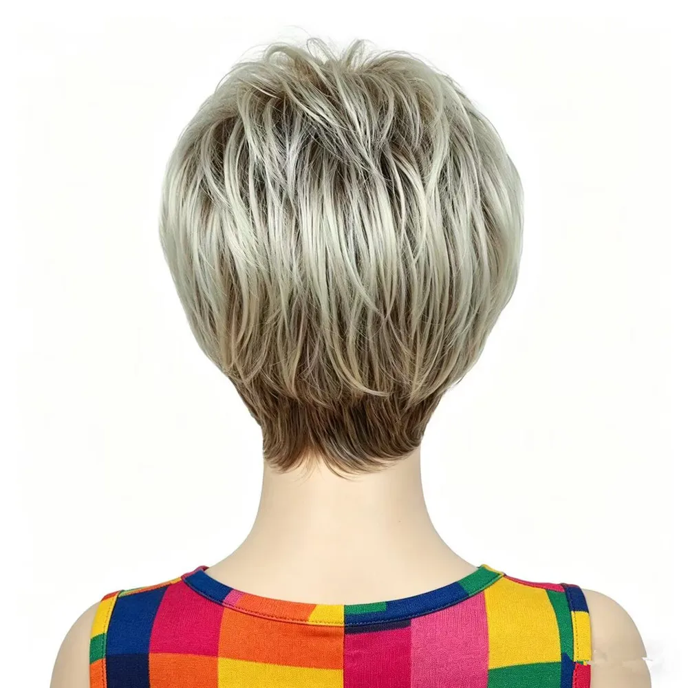 Short Pixie Cut Wig for Women Ombre Blonde Layered Synthetic Wig with Bangs Heat Resistant Natural Short Hair Wigs for Daily Wig