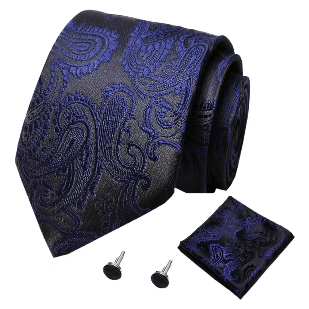 Men Tie Set Tie Cufflink Pocket Square Set Breathable Plaid Print Striped Formal Business Vintage Wedding Necktie Cufflink Set