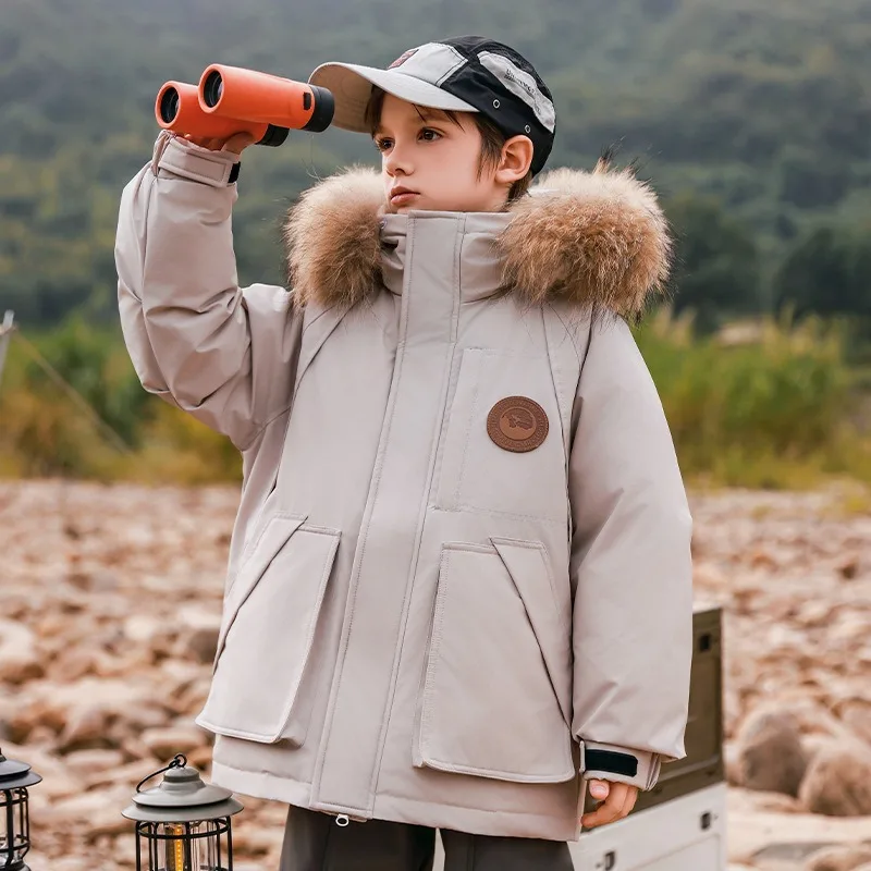 UNITIM Children Boys White Duck Down Jackets Winter Junior Boys Snowwear Jackets Faux Fur Hooded Thicken Teens Outerwear Coat