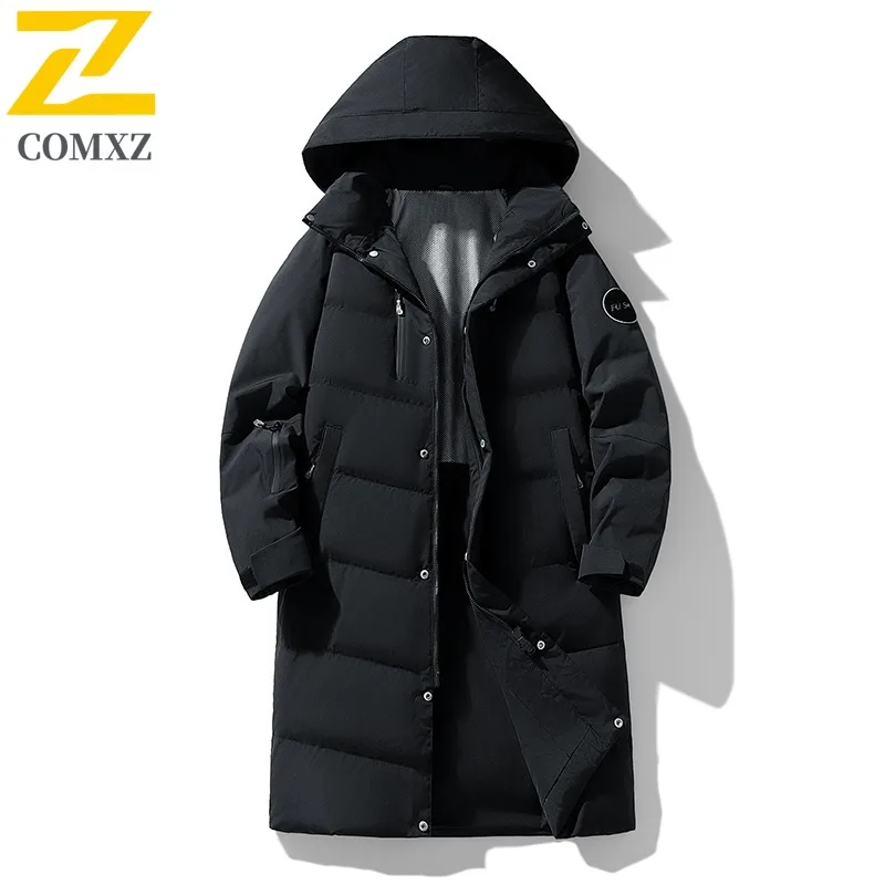 

COMXZ Men Long Down Jacket New Hooded Outdoor Office Lightweight Puffer Jackets Luxury Business Windproof Winter Windbreaker
