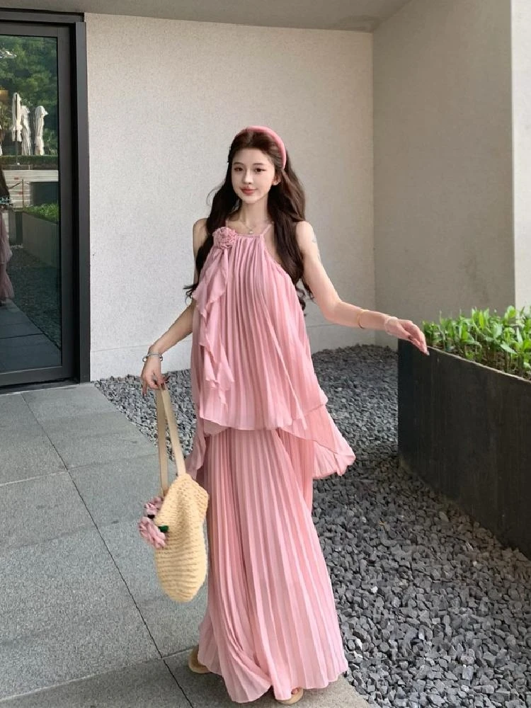 

Accordion Pleat Three-Dimensional Floral Irregular Necklin Off-Shoulder Top+Half Skirt Women Spring Summer Holiday Style Set