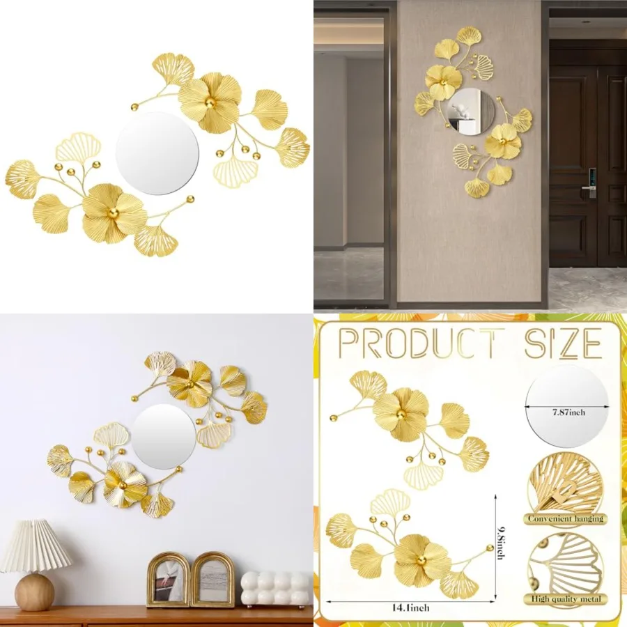 

3 Pcs Metal Decorative Wall Mirrors for Living Room Metal Ginkgo Leaf Mirror Modern Creative Wall Decor Art Hanging Decor Mirro