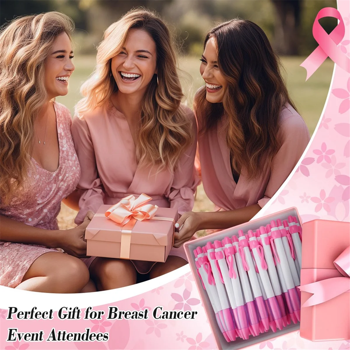 

AA91 50 Pcs Pink Ribbon Pens Bulk, Black Ink Retractable Ballpoint Pens for Office Supply Women Girls Gift