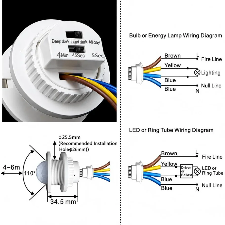 AC85-265V Embedded PIR Motion Sensor Switch Human Infrared Detector 3-8M Sensing Distance for Ceiling Lamp Downlight LED Bulb gallery 4