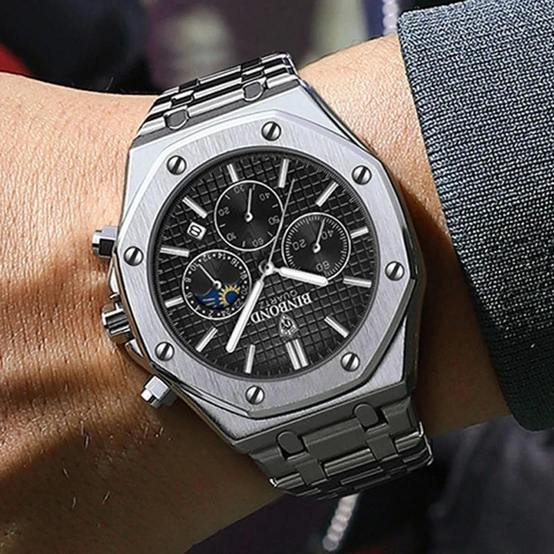 BINBOND 0161 Fashion Men's Quartz Watch, Three-Eye Six-Hand Chronograph, Waterproof Luminous Watch with Calendar