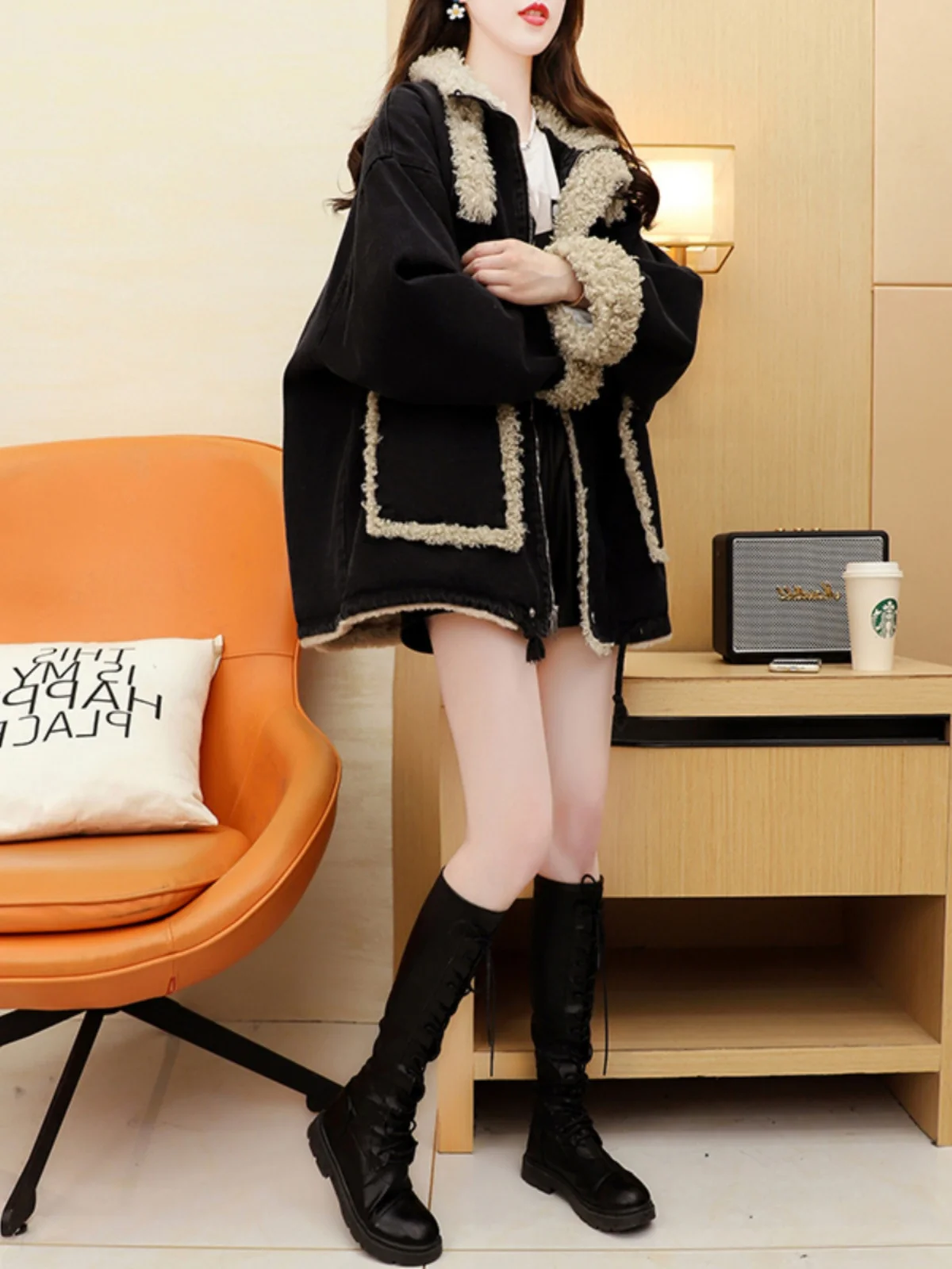 

Джинсовое пальто хорошего качества, меховое плюшевое женское осеннее мягкое мешковатое повседневное уличное пальто на молнии, пушистая вязаная сетка в клетку, шикарная