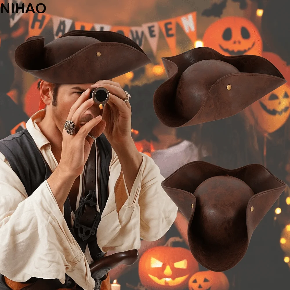 

PU Leather Halloween Pirate Hat Vintage Triangular Captain Tricorn Hat Buttoning Design Masquerade Party Cosplay Hat Performance