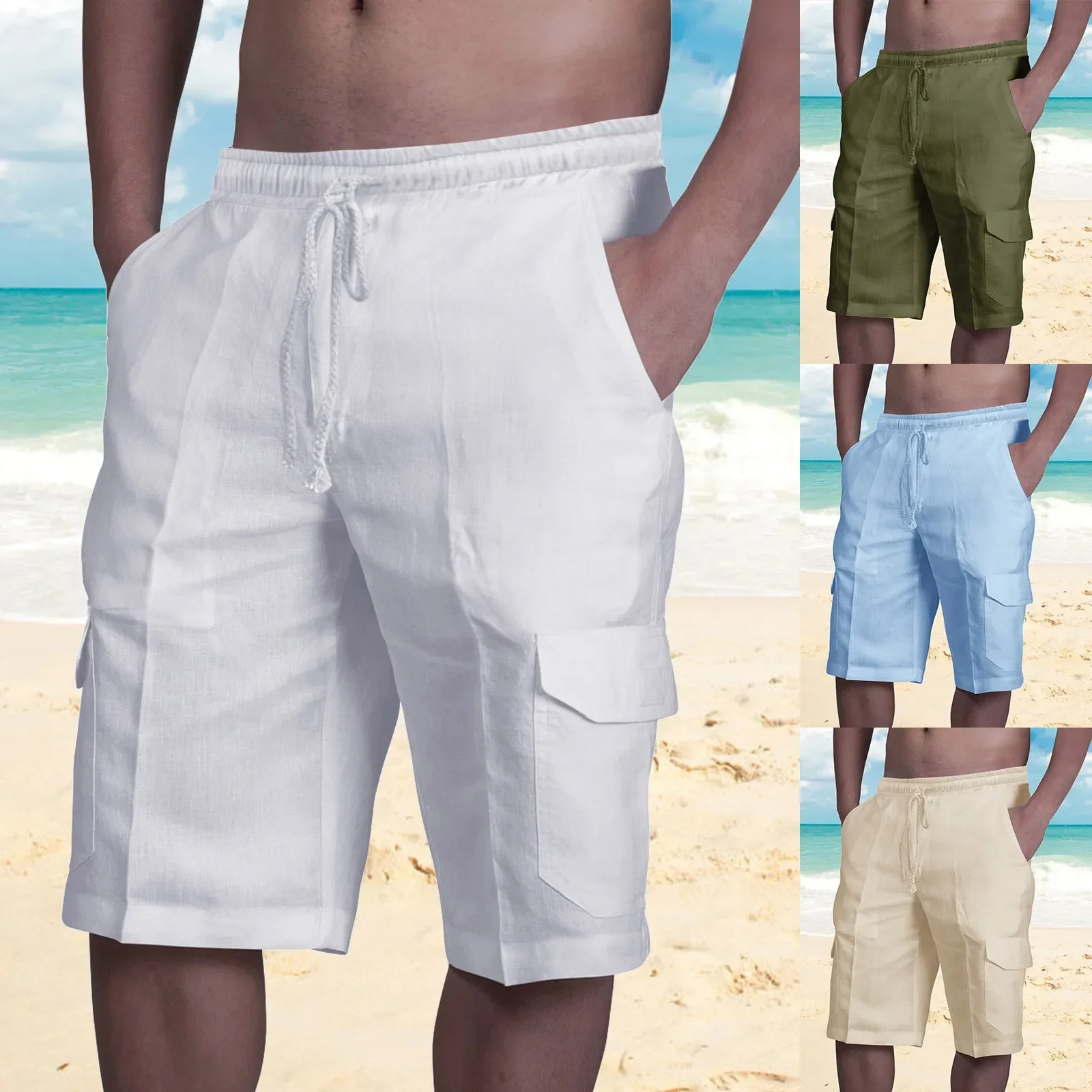 New Men's Cotton Linen Shorts Pants Male Summer Breathable Solid Color Linen Trousers Fitness Streetwear Lace up Bottoms