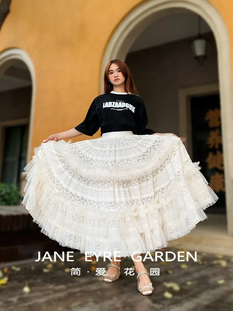 TIYIHAILEY-Women's Long Mid-Calf Mesh Skirt Elastic Waist Ball Gown Beige Black Ladies Lace Patchwork Skirts XS-XL 2026 New
