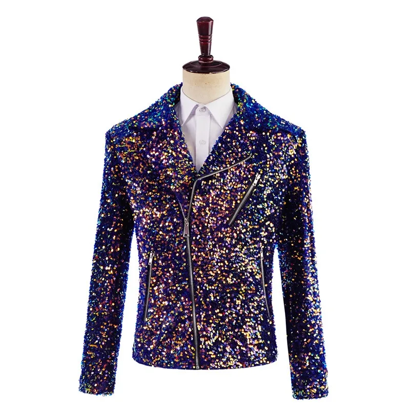 

Men Blazer Solid Sequins Jacket Vogue Leisure Coat Zipper Locomotive Singer Stage Costumes Men Blazer