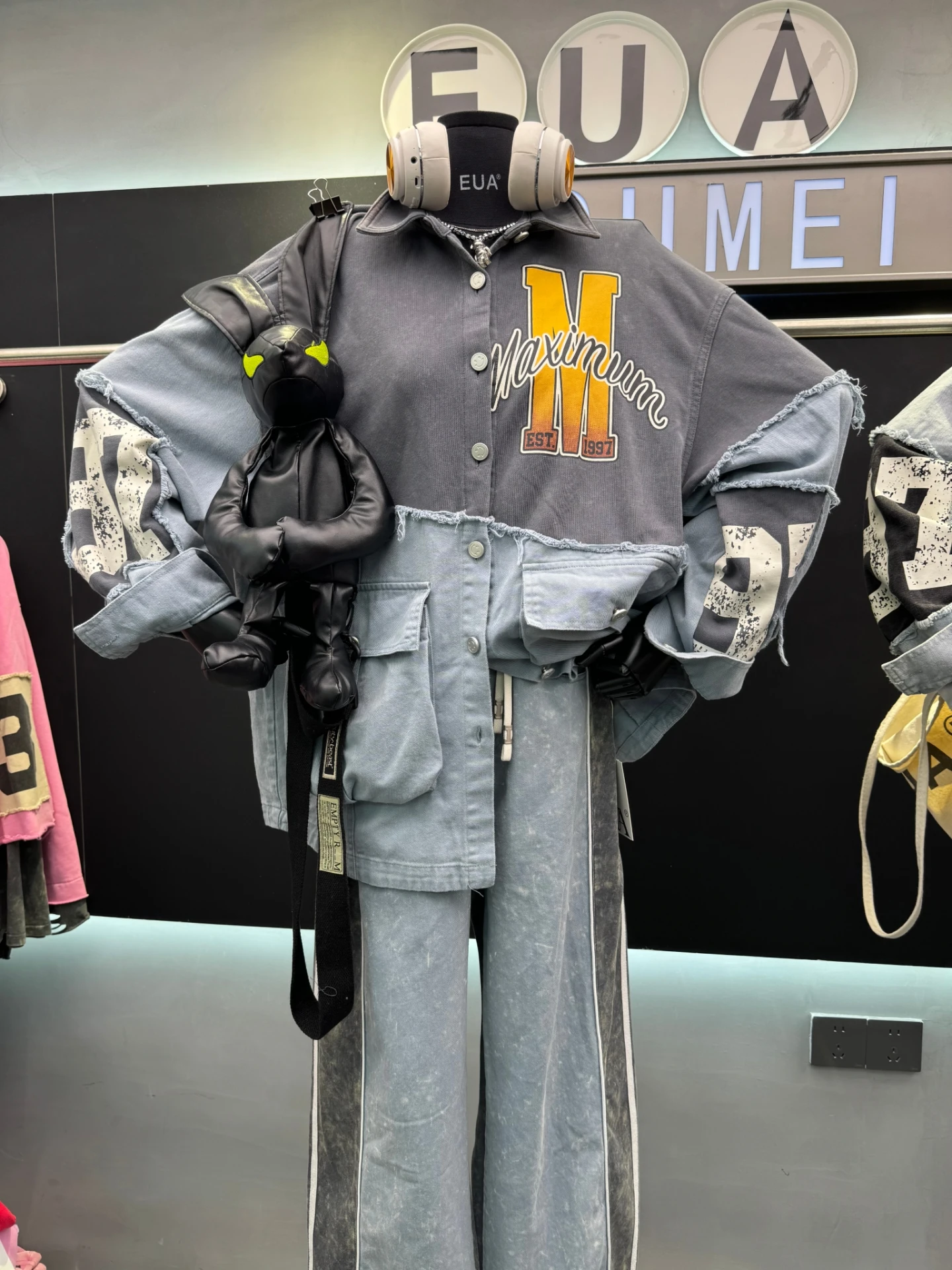 European Style Printed Pocket Long Sleeve Denim Shirt for Women 2025 Autumn New American Retro Color Block Loose Button Jacket