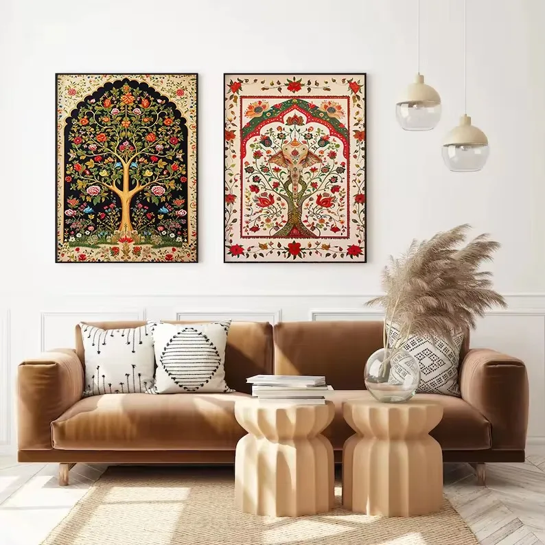 Indian Folk Art Tree of Life Vintage Lotus Persian Floral Pattern Poster and Print Canvas Painting Wall Pictures Home Room Decor