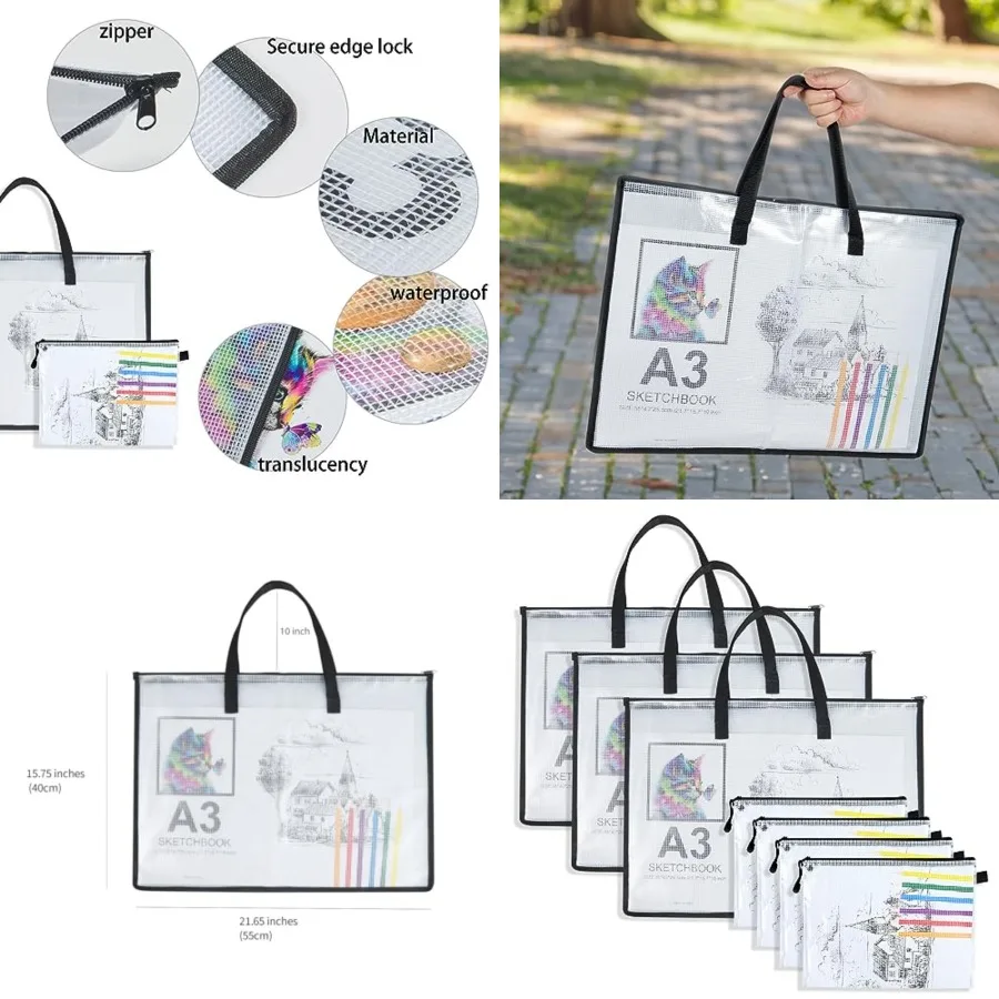 

Большая прозрачная водонепроницаемая сумка для хранения плакатов с ручкой и молнией для художественных работ и блокнотов для рисования, 3 предмета, 15,75 x 21
