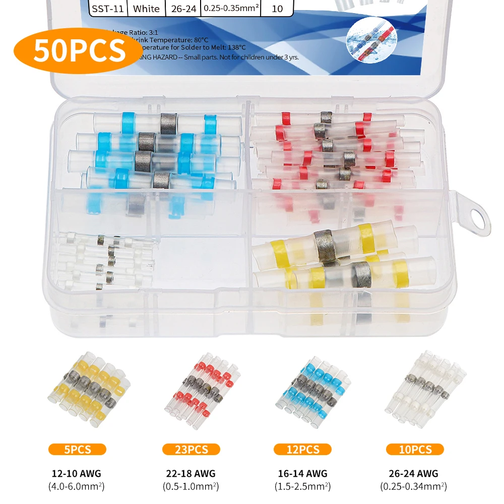 5/10/30/50/80pcs Solder Seal Wire Connectors Heat Shrink Insulated Waterproof Solder Electrical Butt Wire Connector Terminals