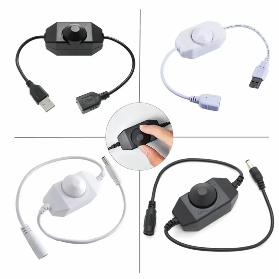 DC 5V/12V 24V LED Knob Dimmer Switch Rotary ON OFF Controller USB Female To Male Extension Cord White Black Light Strip