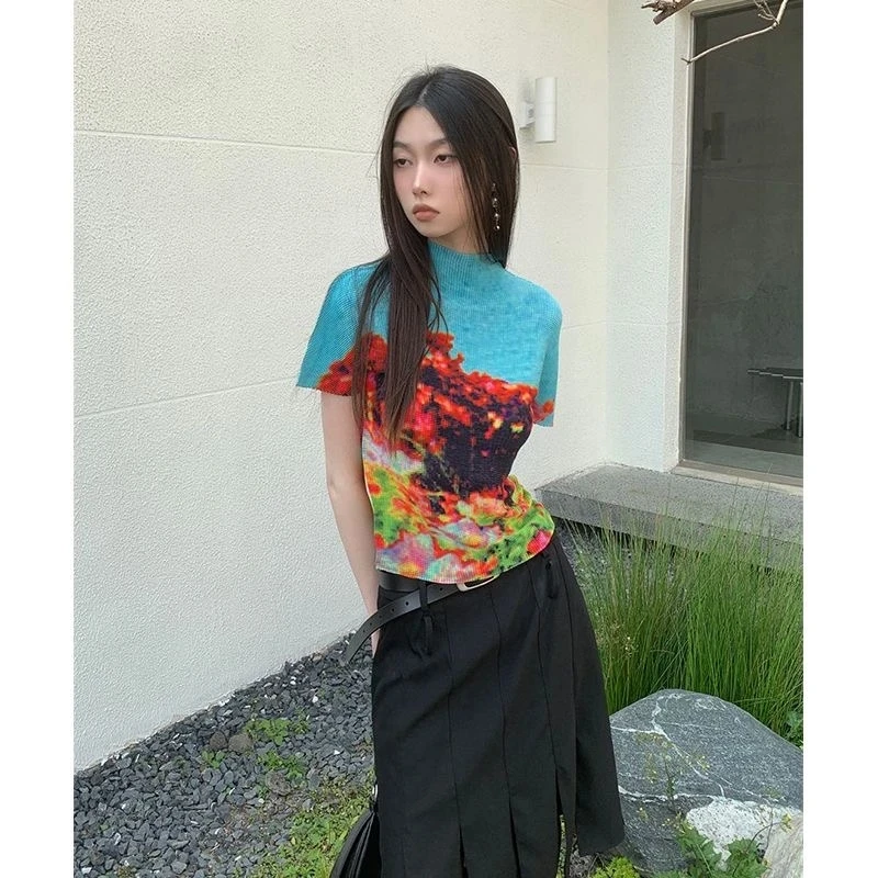 

Y2k New Women's Clothing Slim Fit Short Sleeved Pattern T-shirt Korean High-end Semi High Neck K Fashion Top Tee