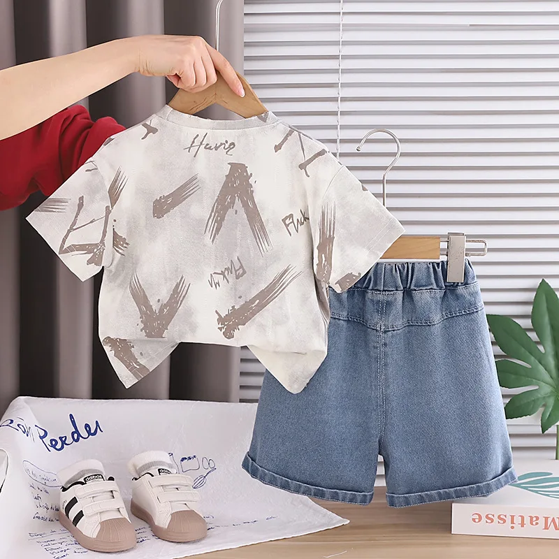 2026 New Toddler Boys 2Pcs Outfit Tie Dye Letter Print Short Sleeve T-shirt Tops and Denim Shorts Set Casual Kids Summer Clothes