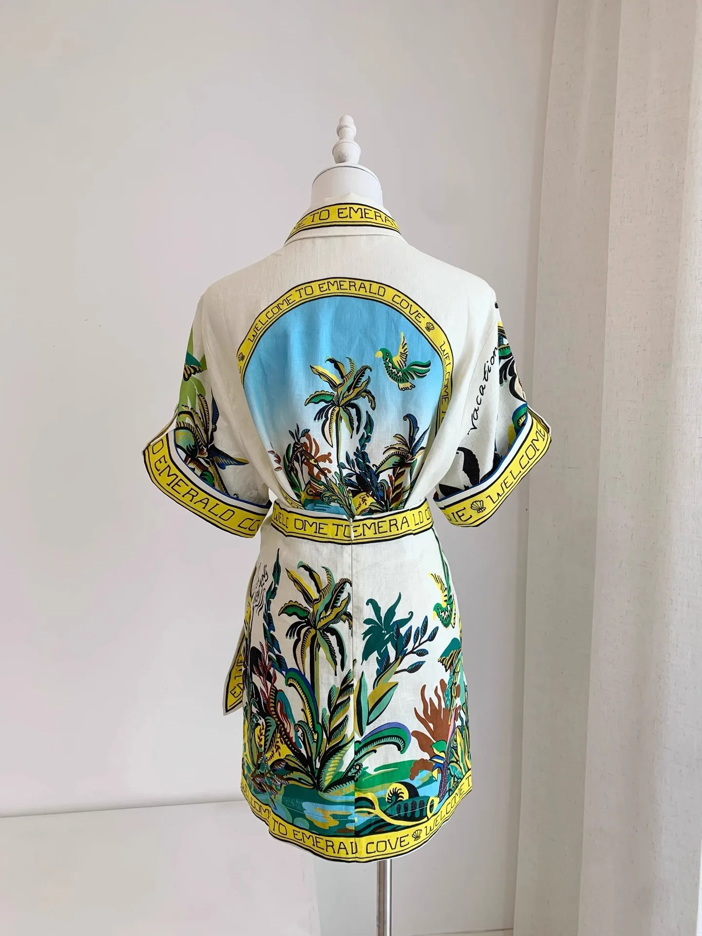 New linen shirt short sleeved plant printed casual shirt+short skirt mini mini mini skirt