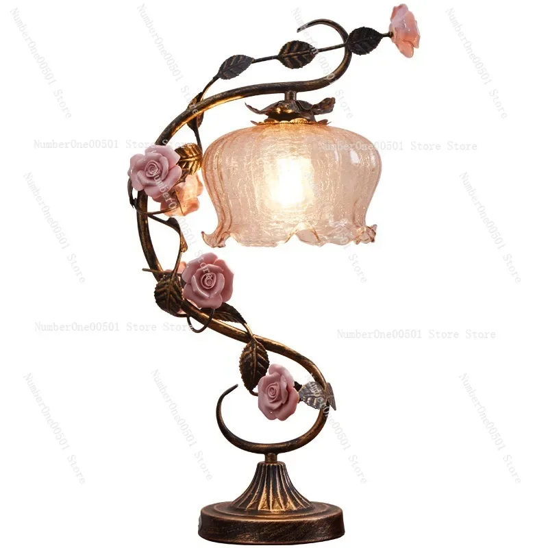 

French vintage art table lamp vintage pastoral rose ambiance lamp bedroom living room nightstand lamp