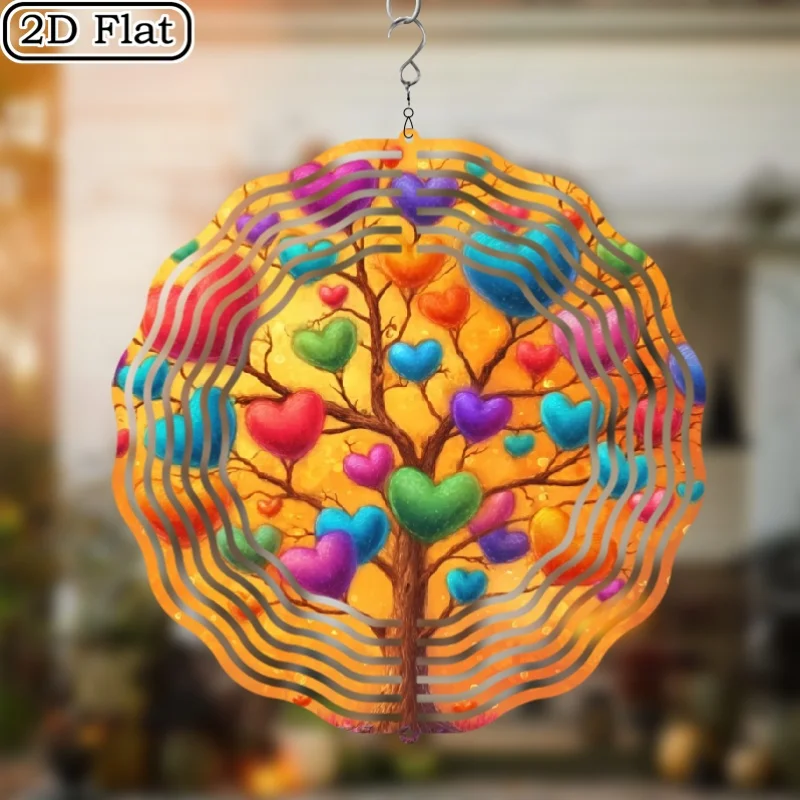 2D Flat Heavy Duty Iron Wind Spinner with Rotator - 360° Rotating Colorful Heart Tree with Rainbow Hook, Windmill Powered