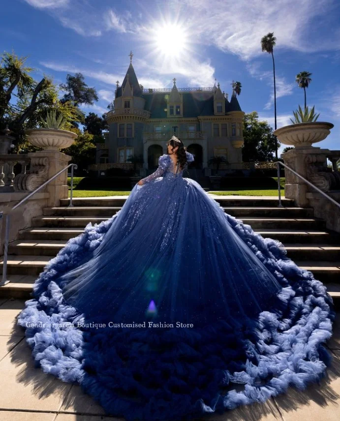 Dreamy Treasure Blue Quinceanera Dresses Luxury Off Shoulder Lace Cake Dress Cathedral Train Mexico vestidosde 15 quinceañeras