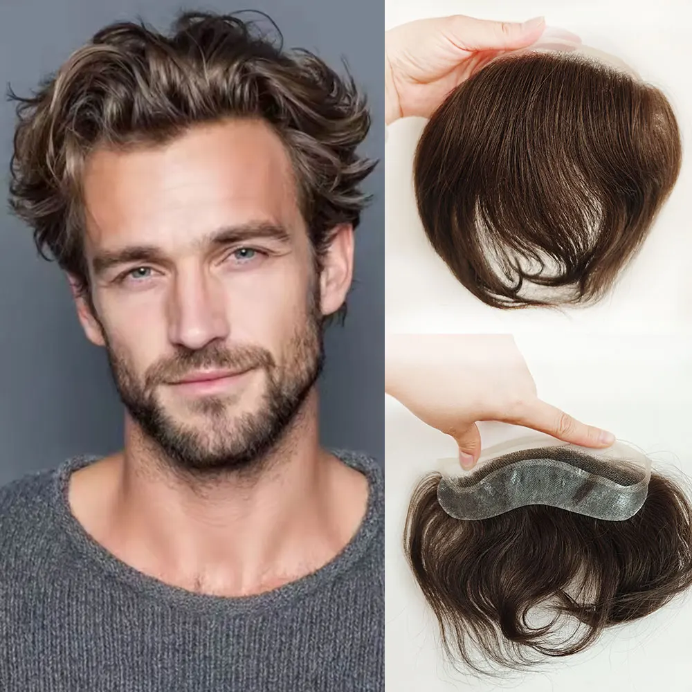 

HD Transparent Lace Front Invisible Hairline French PU Mens Toupee V-Shape Frontal Middle Brown Hairpiece 4x18cm