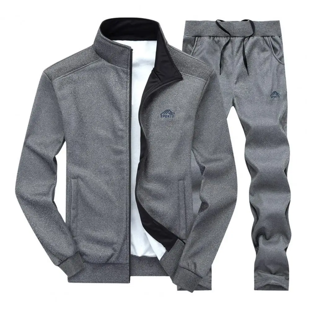 2Pcs/Set Men Athleisure Suit Stand Collar Long Sleeve Zipper Placket Coat Elastic Drawstring Waistband Long Pants Set