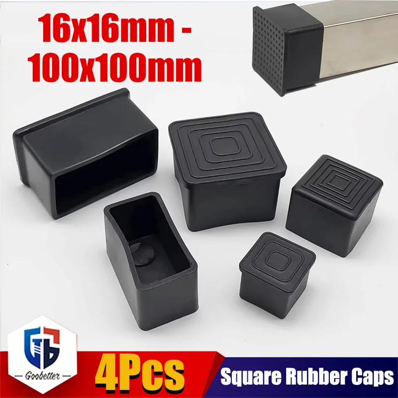 4Pcs PVC Table Chair Leg Tips Caps Floor Protector Non-slip Floor Square Rubber Feet Pads Black 16mmx16mm-100mmx100mm