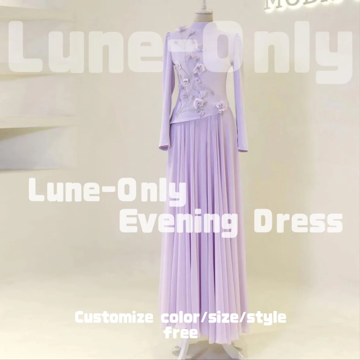 

Customized Long Sleeves Beads Flowers Sweet Women Evening Dresses Pleats Lavender Elegant Party Gown Prom Formal Dress