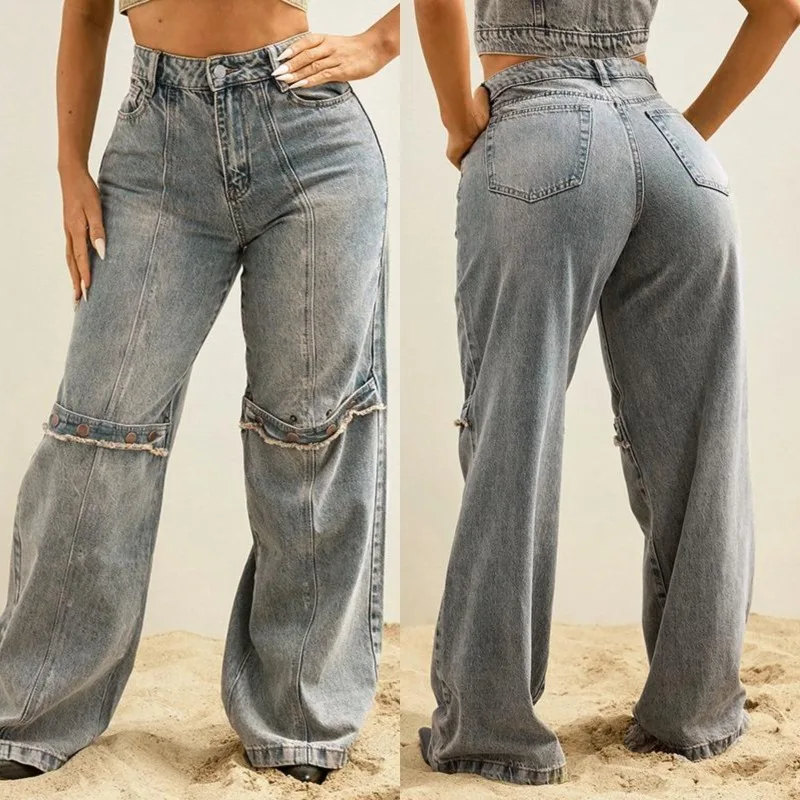 

Y2K Baggy Jeans for Women Vintage Hippie Straight Wide Leg Distressed Denim Trousers Streetwear Retro Korean Button Denim Pants