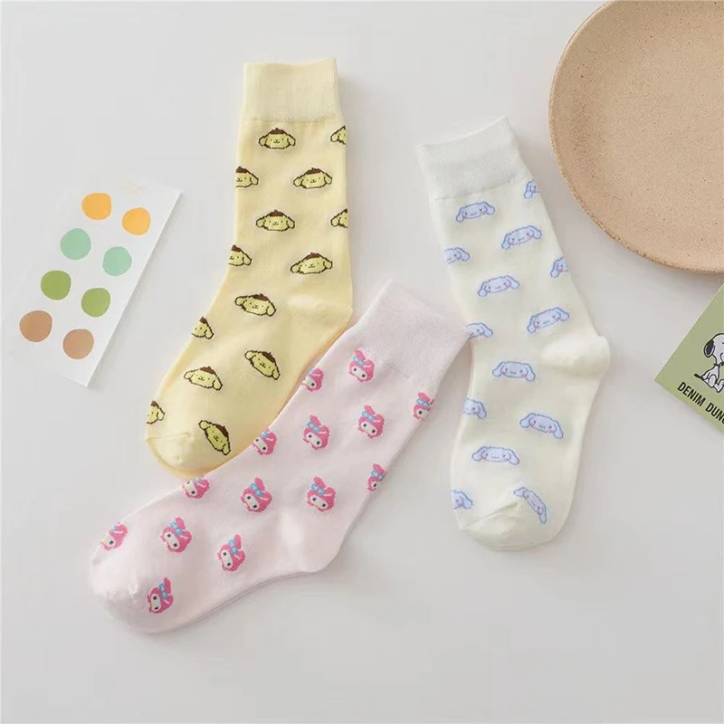 Sanrio Mymelody Cinnamoroll Pom Pom Purin Mid Length Socks Ins Breathable Minimal Design Leisure Sports Socks Girls Gifts Lovely