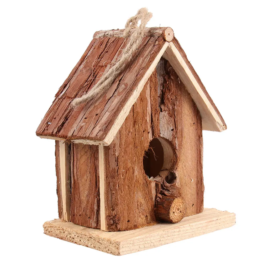 

Wooden Bird House Real Bark Roof Small Medium Birds Shelter Garden Decoration Hanging Nest Pet Cage Wooden