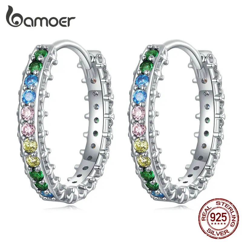 Bamoer 925 Sterling Silver Colorful Zirconium Hoop Earrings for Women Fine Jewelry Fashion Simple Ear Buckles Bridal Gift BSE683