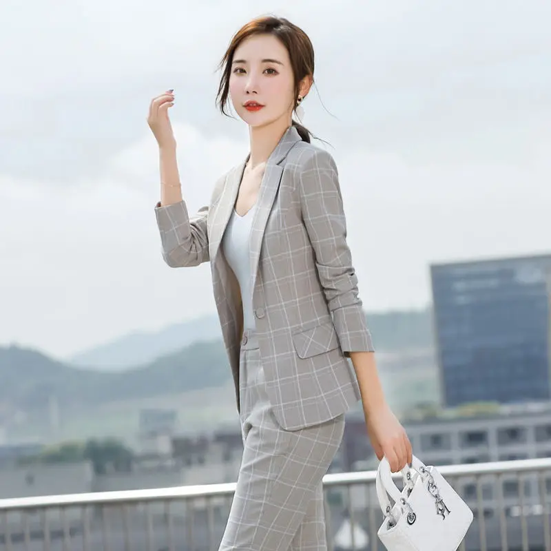 Plaid Splice Slim Fit Jacket Blazer Casual Wide Leg Pants Two Piece Elegant Women\'s Pants Suit Summer Office Business Set Outfit