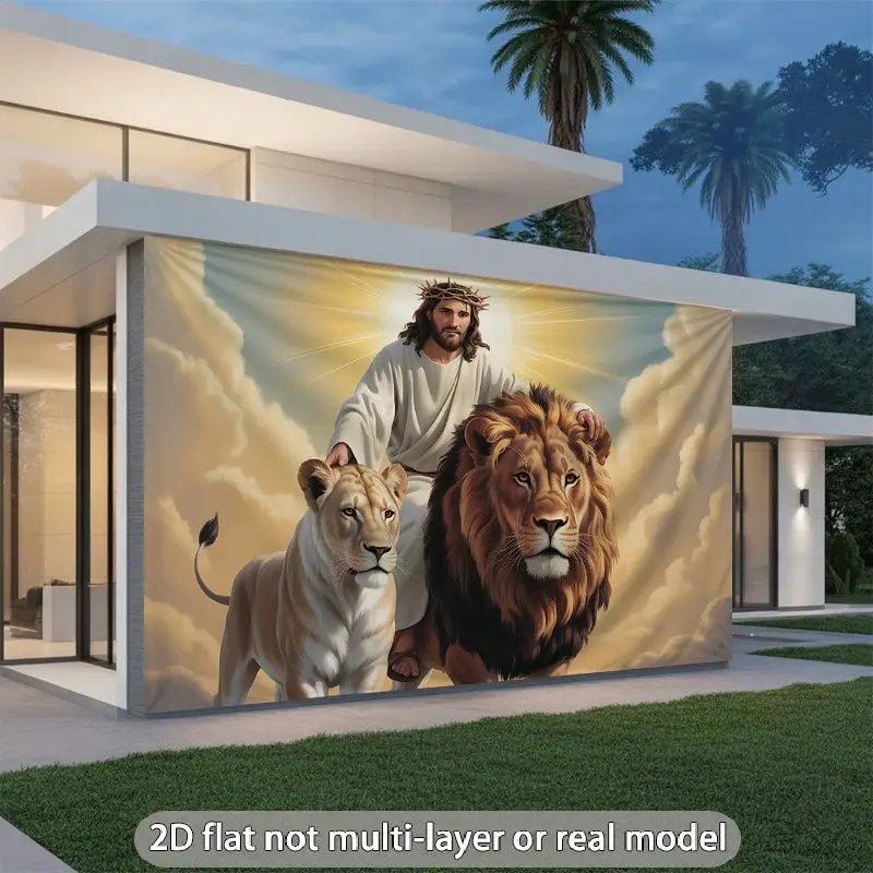 VIKAMA Religious Tapestry Jesus with Lion Golden Clouds Christian Faith Wall Hanging Spiritual Wall Art Living Room Decor