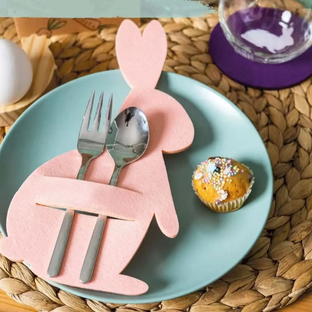 12pcs Non-Woven Fabric Easter Bunny Utensil Holder Rabbit Cartoon Cutlery Bags Mixed-Color Desktop Decoration Easter Fork Bag