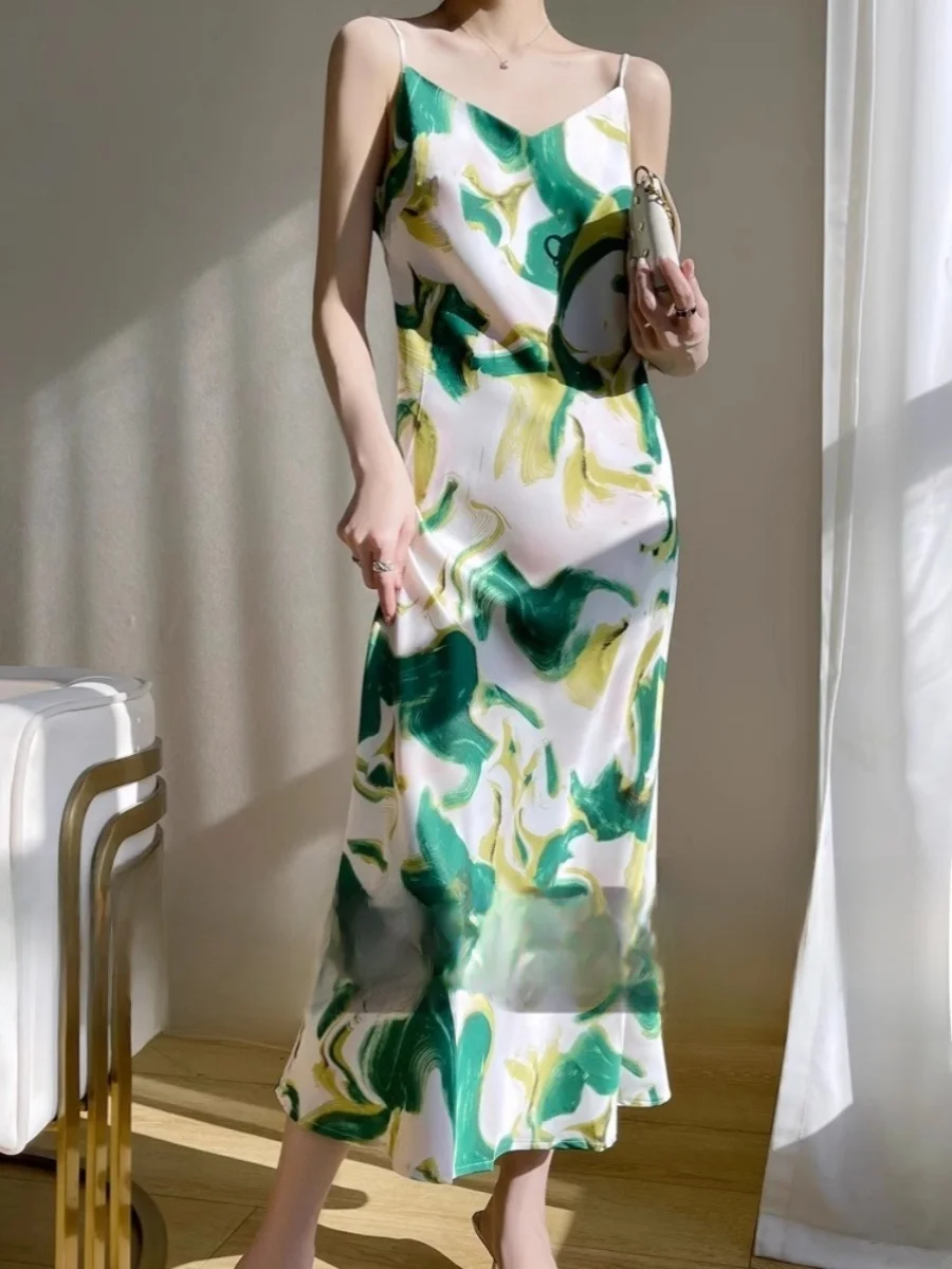 Ele Silk Long Dr Mujer Verano Base Satén Ropa interior V-Ne Vestido acampanado Cintura alta Vintage Sle Una pieza Dr