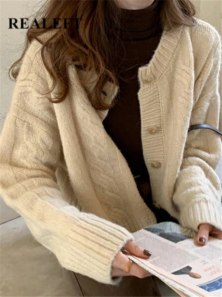 

REALEFT Autumn Winter Vintage Women's Cardigan Sweaters Single Breasted Long Sleeve Knitted Short Sweaters Female 2023 New