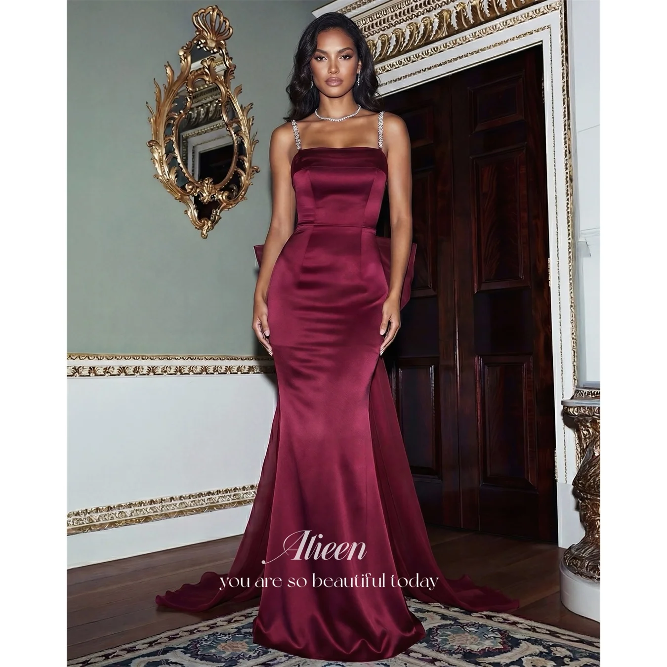

Aileen Satin Square Collar Burgundy Mermaid Evening Dress 2026 Prom Dress Formal Evening Robes de Soirée Elegant Women's