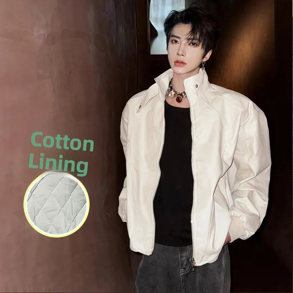 

Men's ort Thiened Cotton Jaet Stand Collar Design Autumn Winter Warm Retro High-End Feeling Outerwear Leather Coat