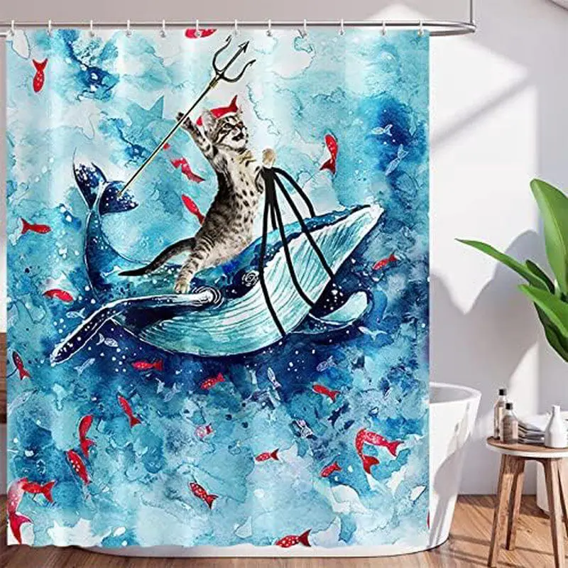 

Funny Cat On Whale Shower Curtain Ocean Adventure Art Bathroom Decor Whimsical Animal Print Water Resistant Bath Curtain