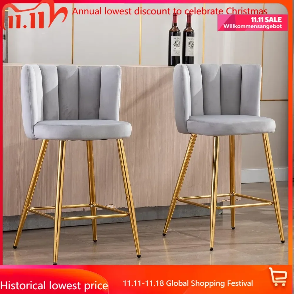 26'' Gold Bar Stools Set of 2 Velvet Counter Height Chairs with Back Upholstered Kitchen Stools Modern Barstools for Br