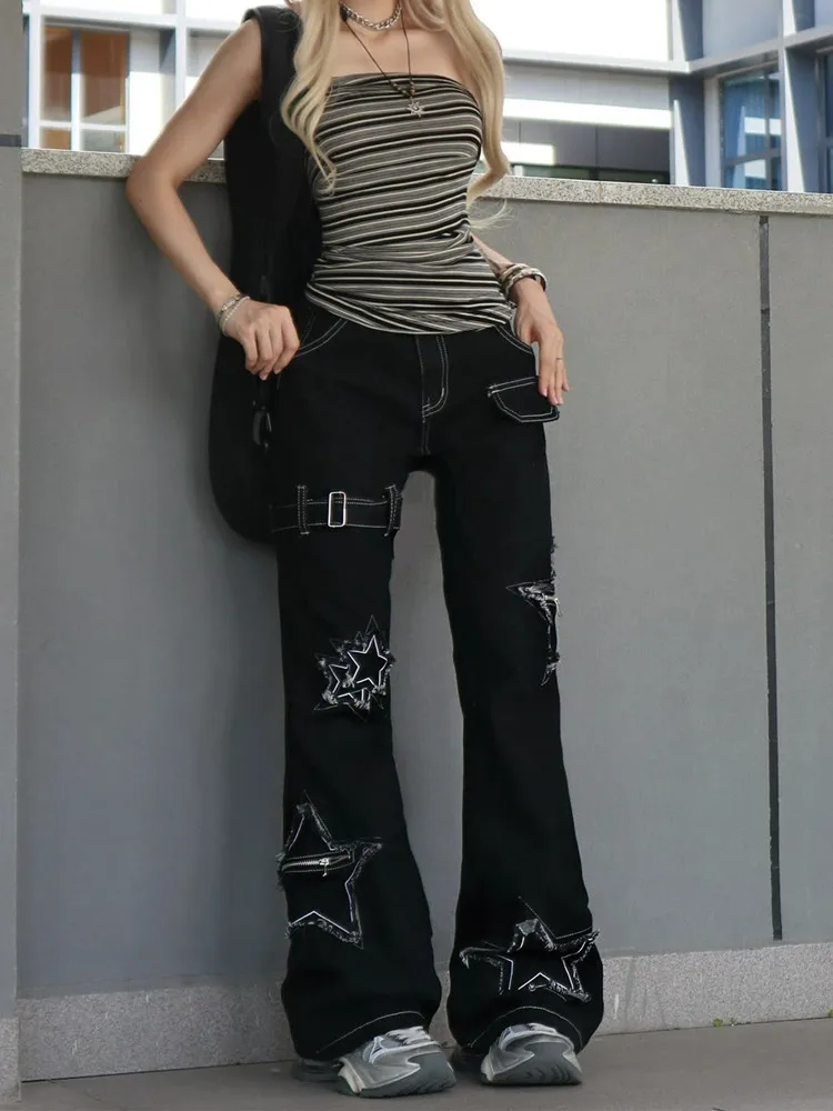 2025 American Retro Y2K Style Star Embroidery Black Slim Women's Jeans Pants Streetwear Woman Clothing New Fashion Long Trousers