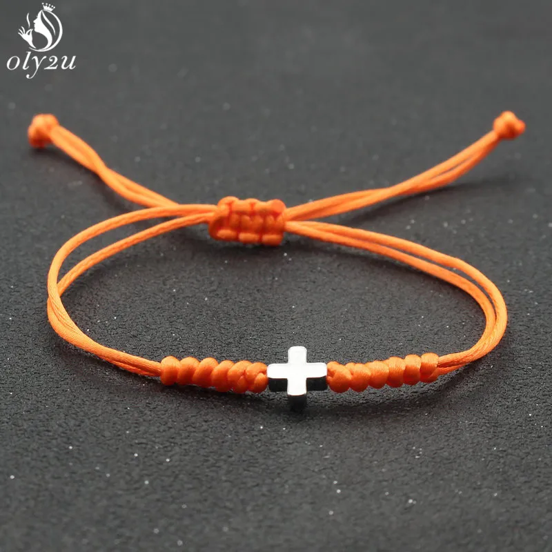 Handmade Stainless Steel Small Cross Charm Bracelet Thin Blue Red Rope Thread String Hand-woven Bracelets For Men Women Couples