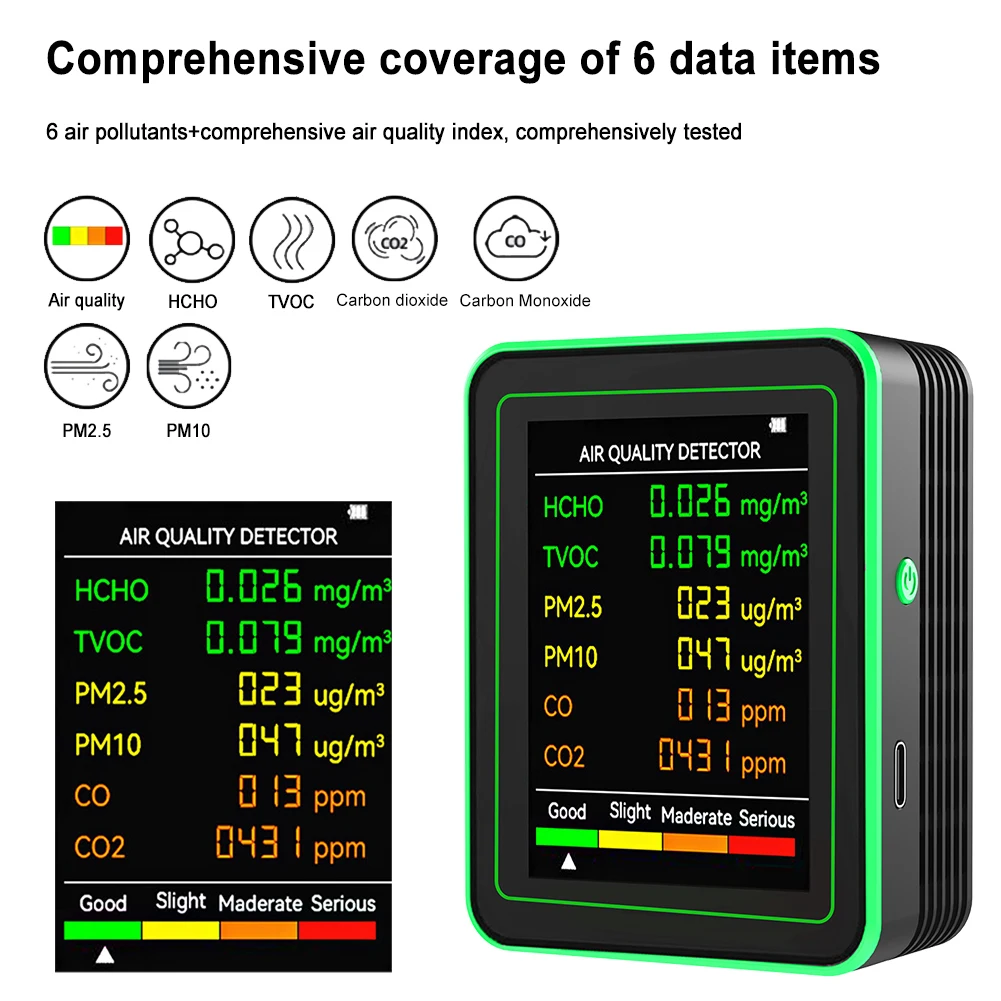 10/6 in 1 Air Quality Monitor CO CO2 TVOC HCHO Gas Analyzer PM2.5 PM10 AQI Formaldehyde Tester Detector Sensor for Home Office