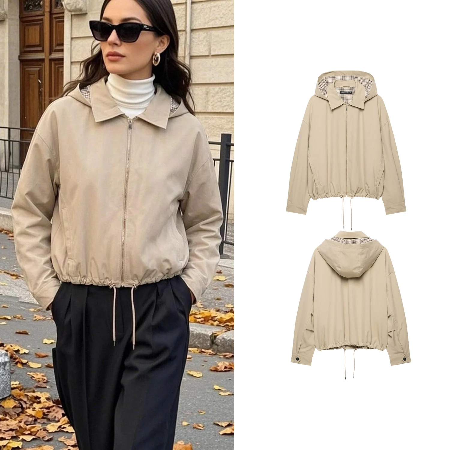 Women Khaki Chic Short Trench Jacket Spring Autumn Female Long Sleeve Zipper Coats Fashion Hoodie Lady Casual Jacket With A Hood