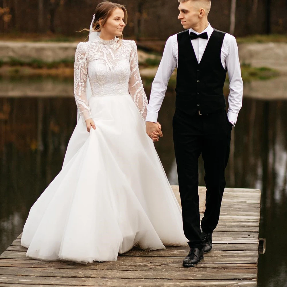 Customized Romantic Bride Gown Lace A-line Long Sleeve High Wedding Dresses for Woman Perspective Tulle Skirt زوجة فستان حفلات ا