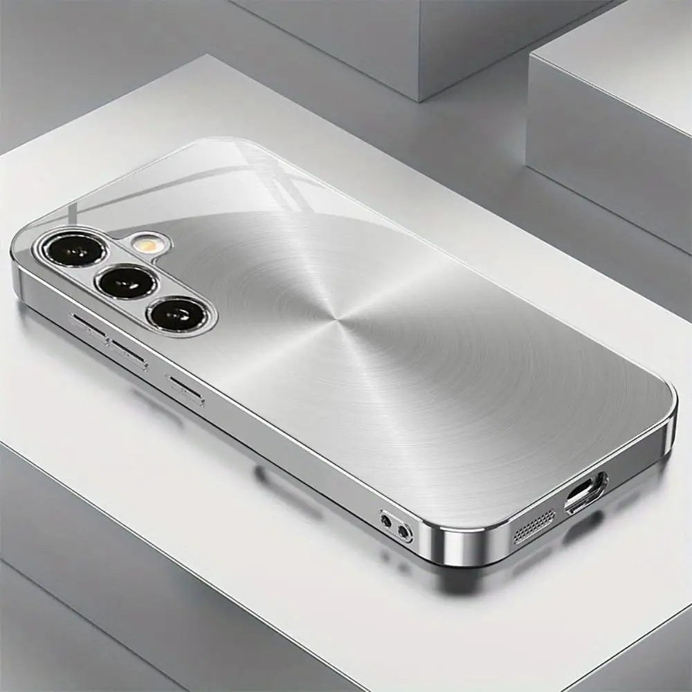 Silver Gray Brushed Metal Stainless Steel Texture Silver Glass Phone Case For Samsung Galaxy A57 A37 A27 A17 Hard Cover hell