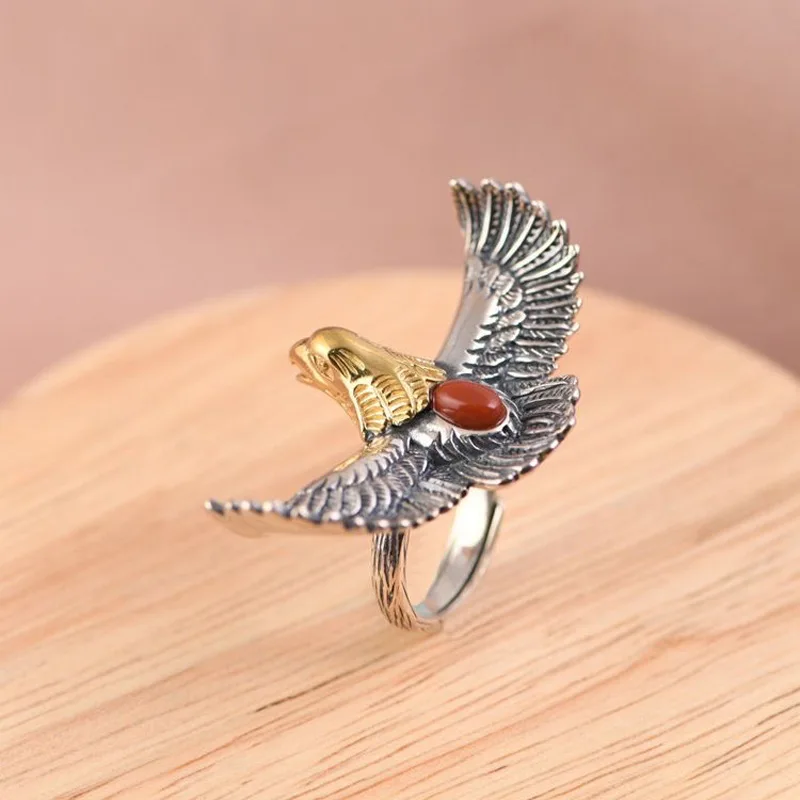 

S925 Sterling Silver Female Male Big Ring Finger Elegant Eagle Open Ring for Men Women Fashion Animal Punk Fine Jewelry Circle