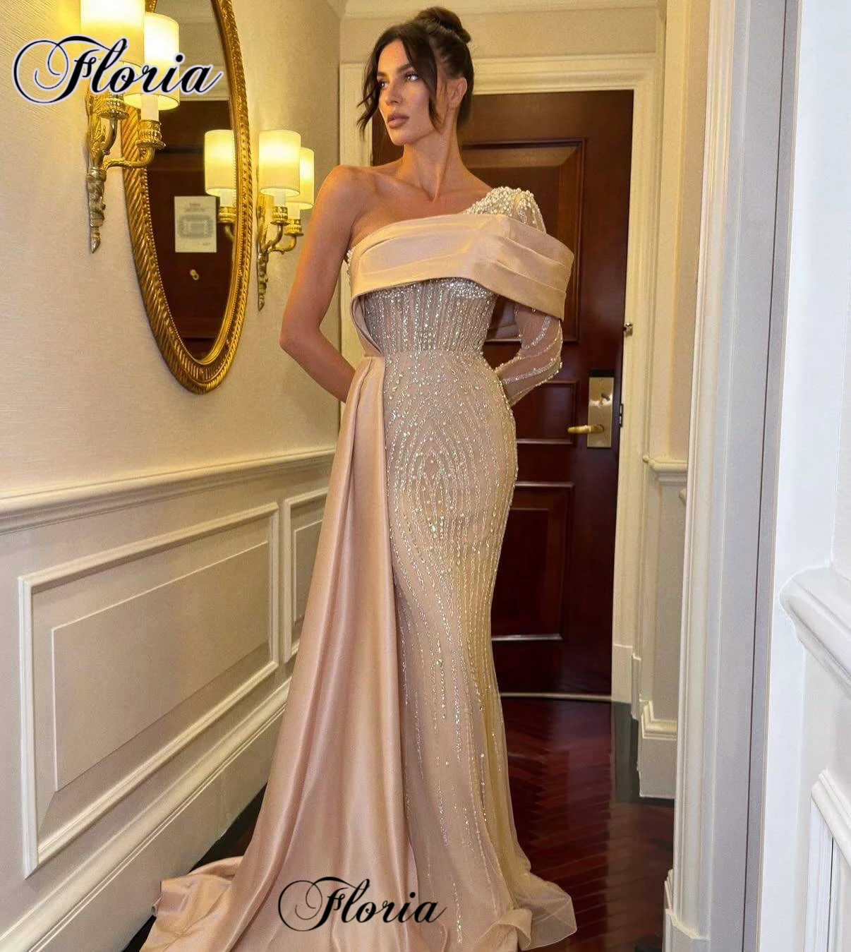 

Simple Champagne Prom Dresses One Shoulder Cocktail Dresses With Pearls Engagement Gowns Elegant Vestidos De Noche Customized